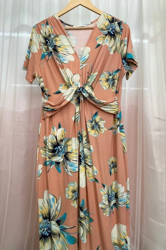 Plus Floral Short Sleeve Maxi Dress - Final Sale Elegant Pleated Maxi Dress