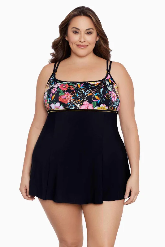 Plus Size Empire Princess Seam Long Torso Swim Dress W/ Hardware True Romance Stylish Cover-Up Set