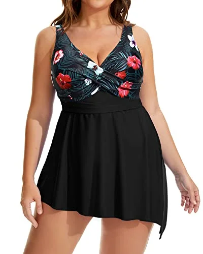 Plus Size Flowy Asymmetrical Hem Swim Dress Shorts-Black Floral V-Neck Swim Dress