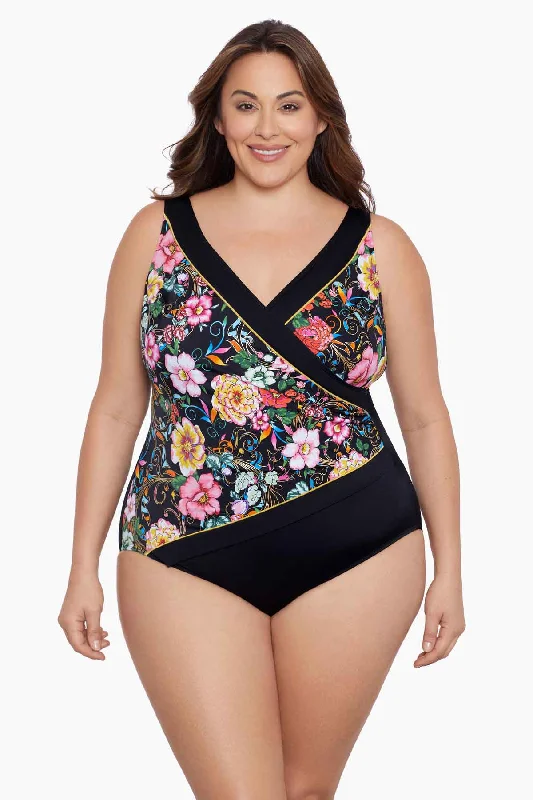 Plus Size Piped Side Shirred Surplice Long Torso One Piece Swimsuit True Romance Plus-Size Bikini Set