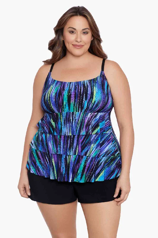 Plus Size Ruffle Faux Shortini W/ Pockets Long Torso One Piece Swimsuit Brilliant Streaks Color-Block Bikini