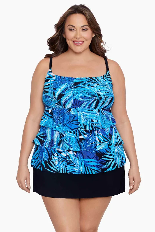 Plus Size Ruffle Faux Skirtini W/ Pockets Long Torso One Piece Swimsuit Jungle Boogie Floral Bikini Top