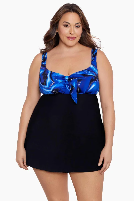 Plus Size Tie Front Long Torso Swim Dress Infinite Shine Ruffled Swimsuit Top