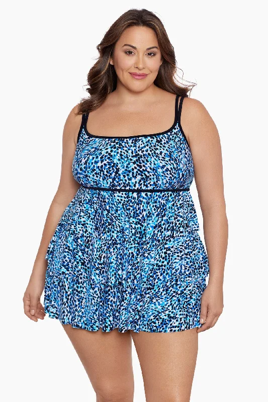 Plus Size Triple Tier Long Torso Swim Dress Spotty Skin Elegant Ruffle Swimsuit