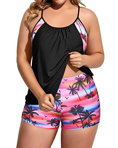 Loose Fit Two Piece Tankini Set Bathing Suits For Women-Black Conut Tree Strap Bikini Set