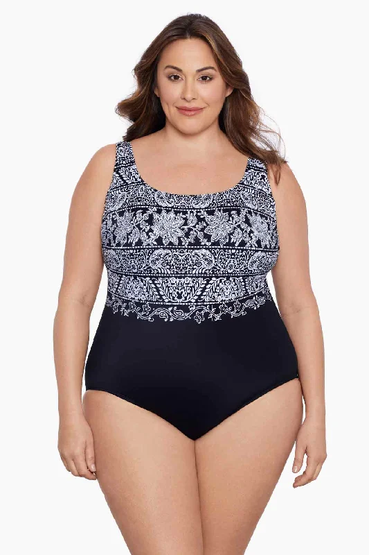 Plus Size X Back Tank Long Torso One Piece Swimsuit Night Seas Plunge Neckline Swimsuit