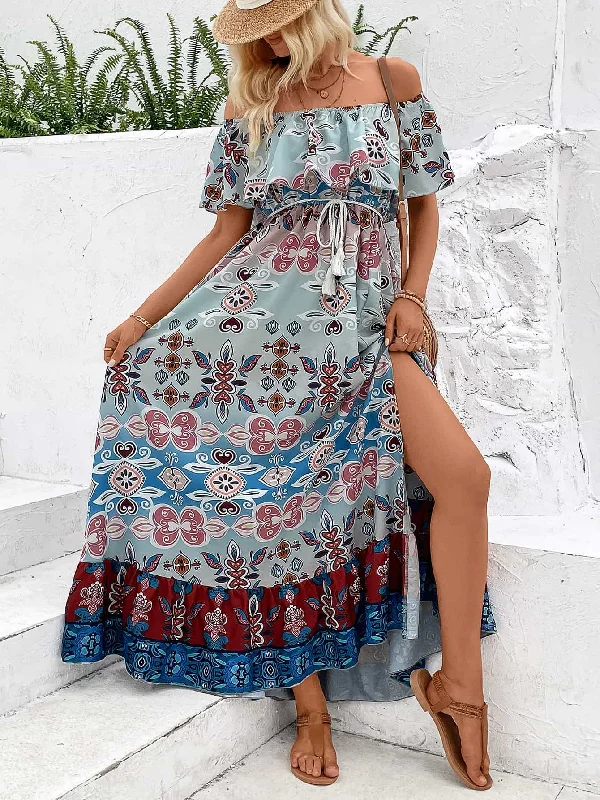 Printed Off-Shoulder Slit Maxi Dress Chic Sleeveless Maxi Dress