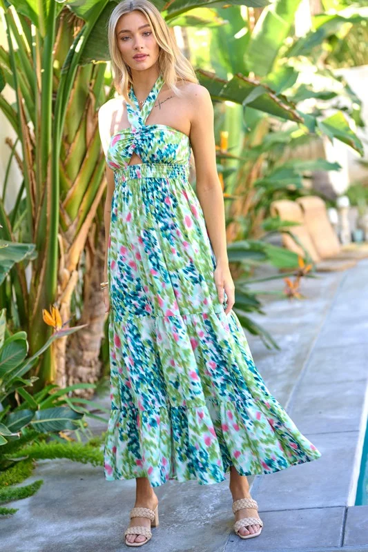 Floral Printed Smocked Ruffle Maxi Dress Fashionable Asymmetrical Maxi Dress