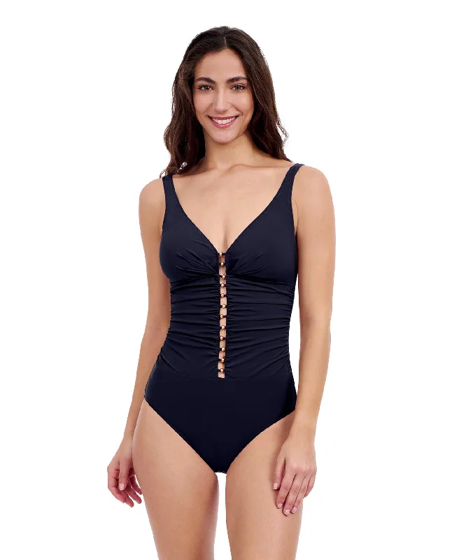 Profile By Gottex Tutti Frutti D-Cup V-Neck Gold Beaded One Piece Swimsuit Classic Sporty Swimsuit