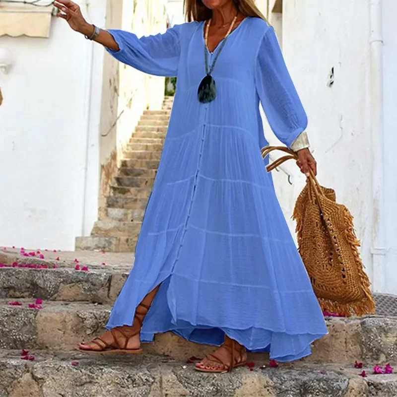 Ramadan /Eid  Women Casual Solid Color Bohemian V-Neck Long Sleeve Cotton And Linen Maxi Dress Fashionable Halter Neck Maxi Dress