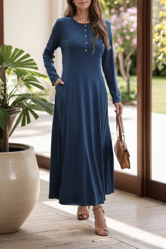 Round Neck Long Sleeve Maxi Dress with Pockets Comfortable T-Shirt Maxi Dress