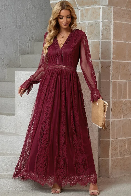 Scalloped Hem Flounce Sleeve Lace V-Neck Maxi Dress in White and Wine Elegant Maxi Dress with Drapes