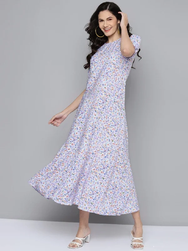 Women Blue Ditsy Floral Puff Sleeve Tiered Maxi Dress Comfortable Cotton Maxi Dress