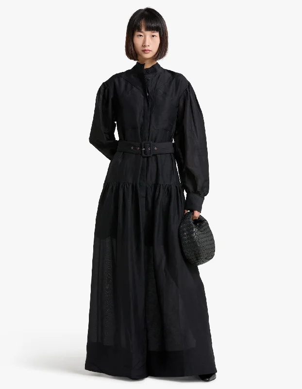 Celeste Long Sleeve Tiered Shirt Maxi Dress - Black Elegant Silk Maxi Dress