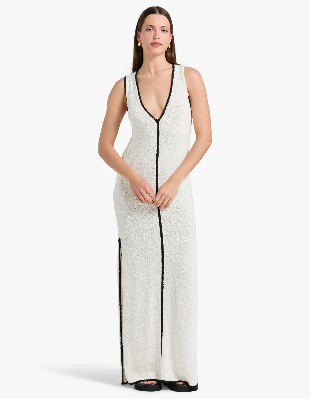 Lena Plunged Maxi Dress - Ivory/Black Comfortable Fitted Maxi Dress