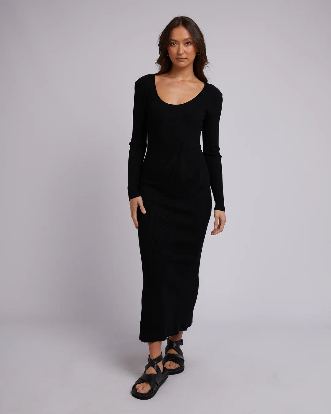 SILENT THEORY Freya Long Sleeve Womens Maxi Dress - Black Classic A-Line Maxi Dress