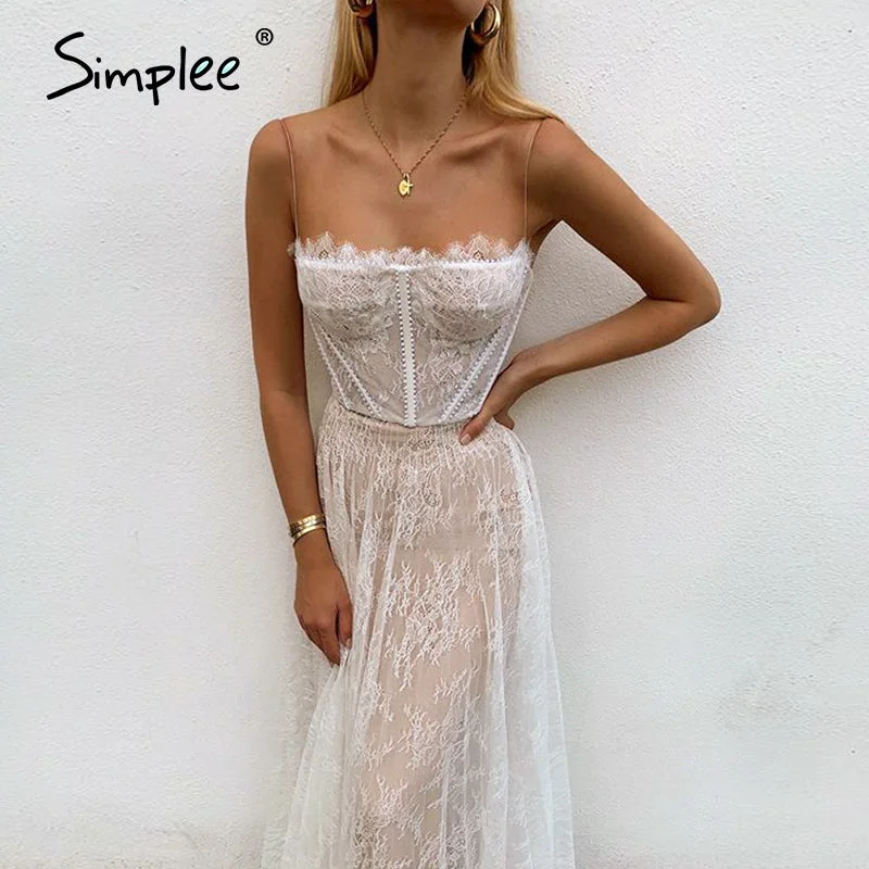 Simplee white lace summer women maxi dress spaghetti strap backless plus size dress Fashionable Chiffon Tiered Maxi Dress