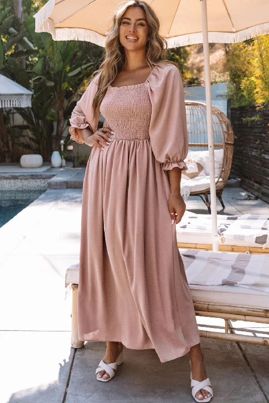 Smocked Flounce Sleeve Maxi Dress Comfortable Maxi Dress with Slits