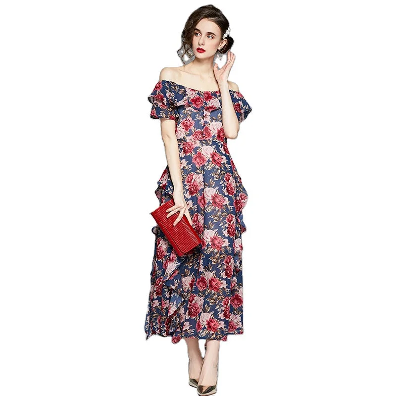 Summer Boat-neck Ruffled Short-sleeved Floral Maxi Dress Elegant Pleated Maxi Dress