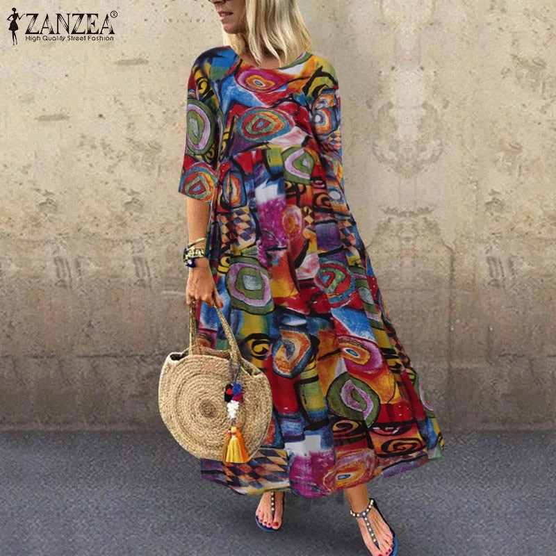 Summer Bohemian Printed ZANZEA Long Maxi Dresses Vintage Vestido Cozy Knit Maxi Dress