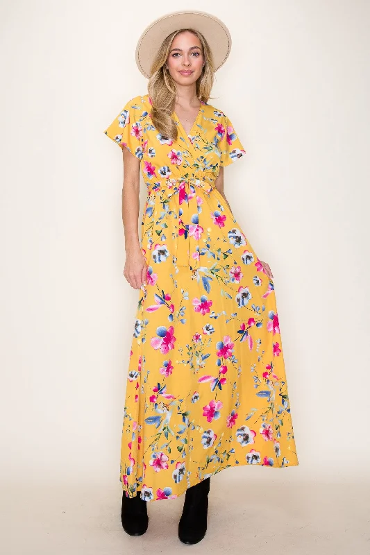 Surplus Self Tie Floral Maxi Dress in Mustard Trendy Maxi Dress with Bow