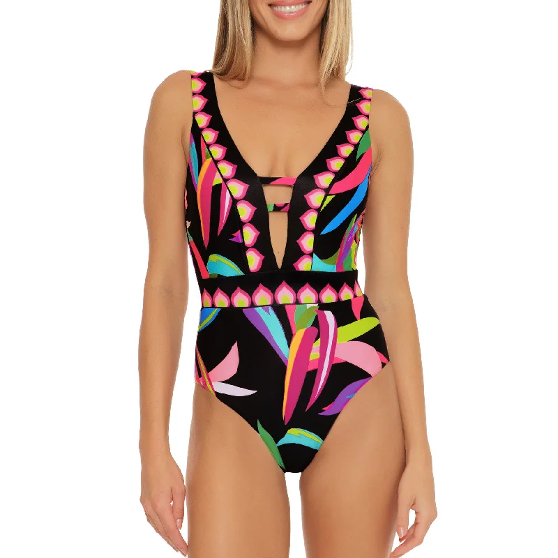 Trina Turk Birds of Paradise Plunge One Piece Womens Swimsuit Swim Skirt Set