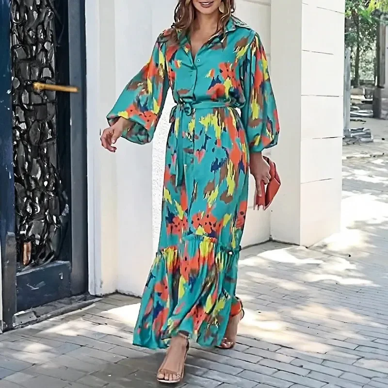 Ramadan /Eid Women Casual Print Lappel Long Sleeve Maxi Dress Classic Solid Maxi Dress