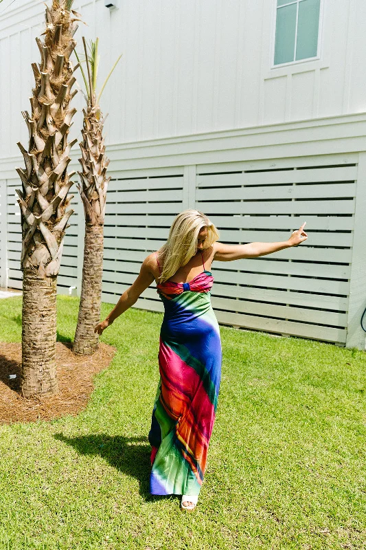 Watercolor Slip Maxi Dress - Multi Trendy Maxi Dress with Belt