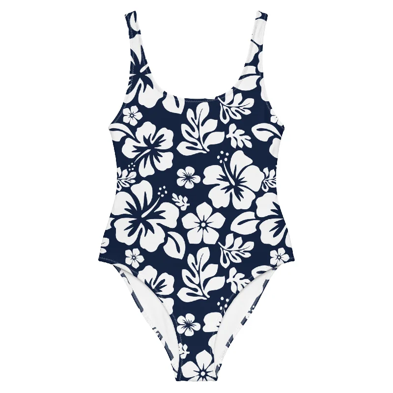 White Hawaiian Flowers on Navy Blue One-Piece Swimsuit Trendy Swimwear Set