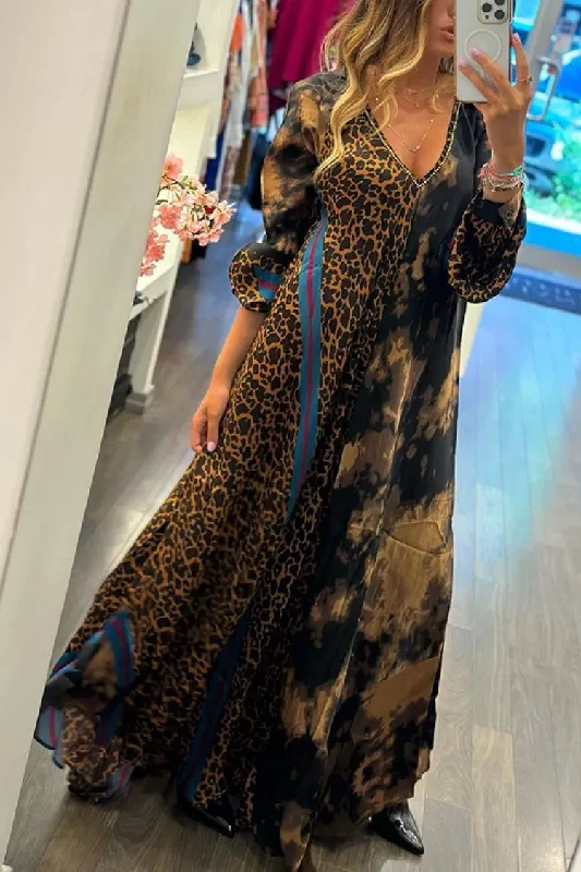 Ramadan /Eid Women Casual Loose V-Neck Leopard Print Long Sleeve Maxi Dress Trendy Maxi Dress with Lace