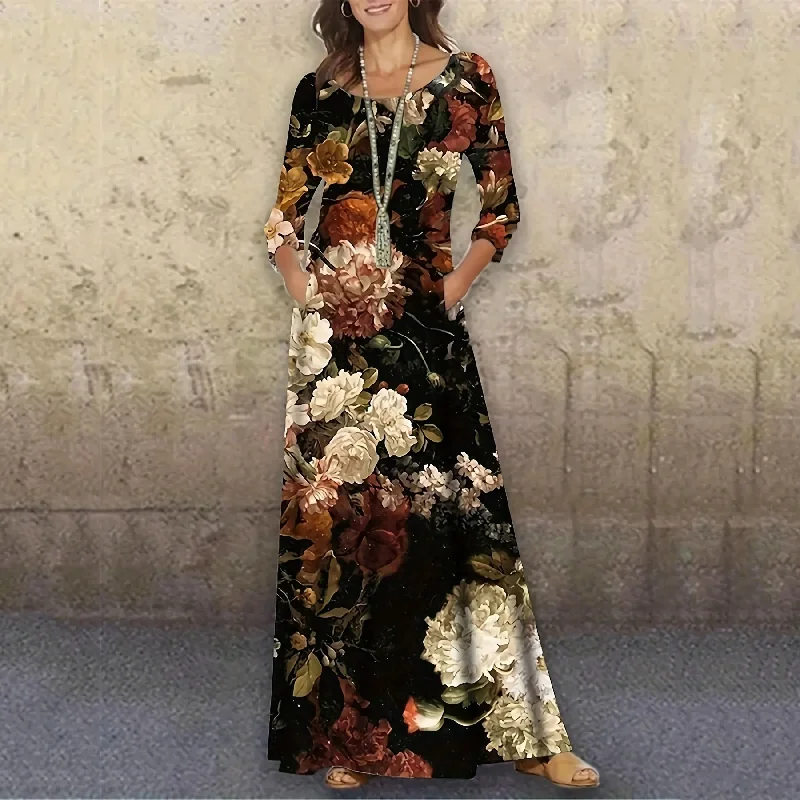 Women Fashion Casual Floral Printing Long Sleeve Maxi Dress Stylish Off-Shoulder Maxi Dress