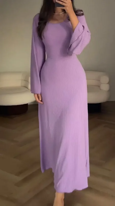 Women Fashion Casual Loose Solid Color Long Sleeve Maxi Dress Stylish Off-Shoulder Maxi Dress