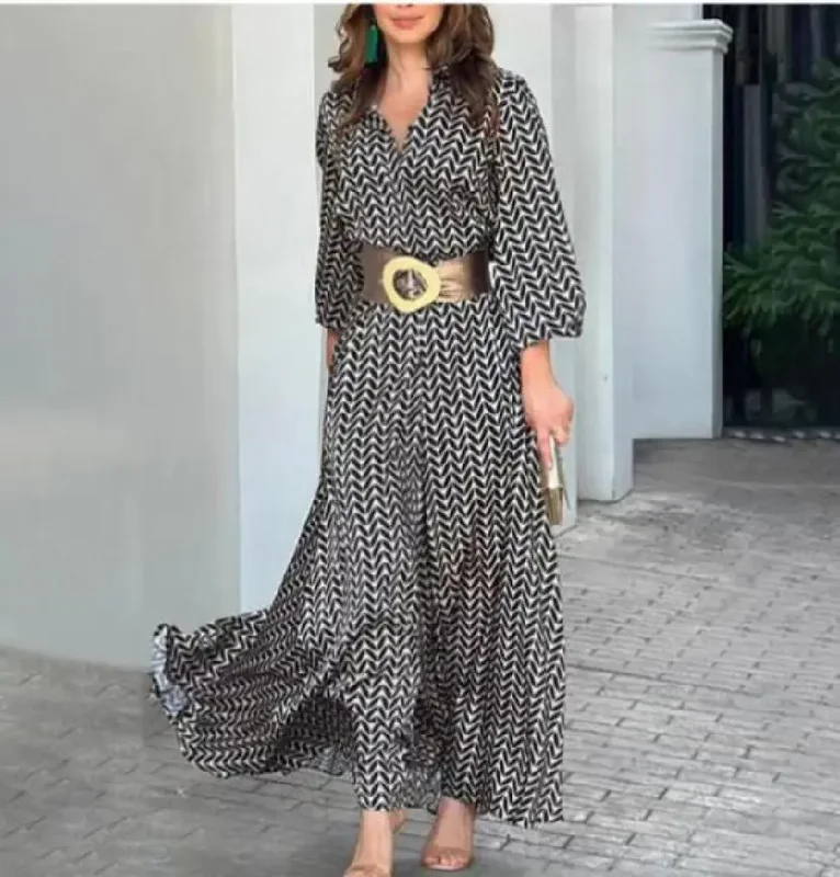 Women Ramadan /Eid Fashion Casual Small Tiny Flower V-Neck Lace-Up Long Sleeve Maxi Dress Trendy Off-Shoulder Ruffle Maxi Dress