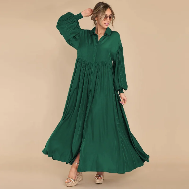 Women Ramadan /Eid Fashion Casual Solid Color Creased Long Sleeve Maxi Dress Cozy Knit Maxi Dress