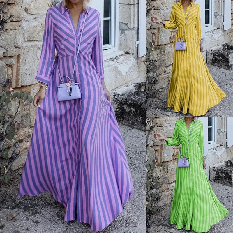 Women Ramadan /Eid Fashion Casual Stripe Long Sleeve Maxi Dress Stylish One-Shoulder Maxi Dress