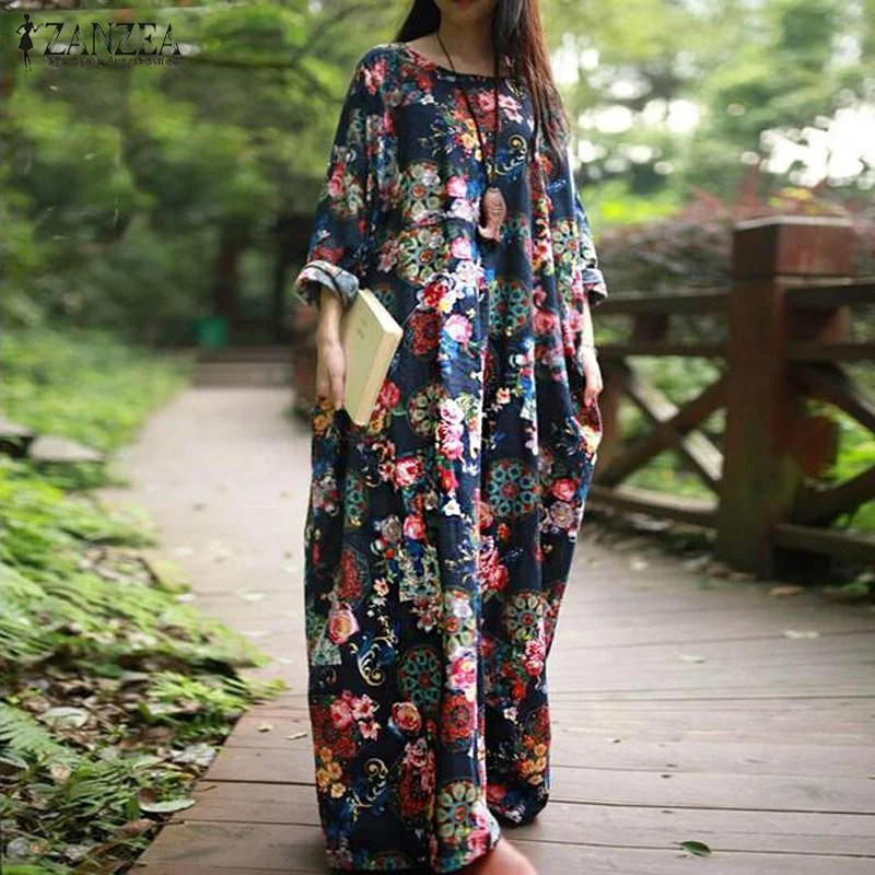 Women Full Sleeves Floral Print Cotton Maxi Dress Comfortable Ruffle Hem Maxi Dress