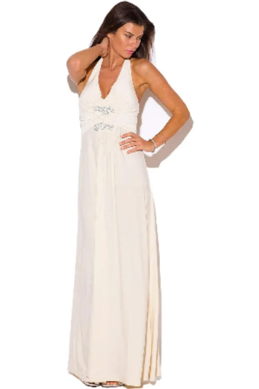 Ivory Halter Empire Waist  Party Evening Maxi Dress Trendy Satin Maxi Dress