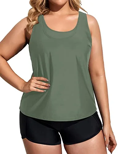 Scoop Neck Plus Size 3 Piece Tankini Set With Sports Bra & Boy Shorts For Women-Army Green And Black Strappy Back Bikini