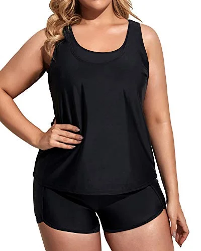 Women's Plus Size 3 Piece Tankini Swimsuit Athletic Bathing Suit With Boy Shorts-Black Deep-V Swimsuit Design