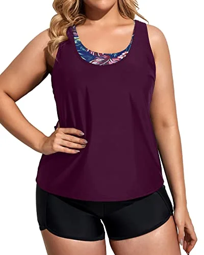 Scoop Neck Tankini Top Plus Size Sport Bra With Boy Shorts-Maroon Leaf Sporty Racerback Swimsuit