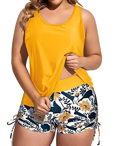 Loose Fit Plus Size 3 Piece Swimsuit With Sports Bra And Boy Shorts-Yellow Floral Swim Dress with Belt