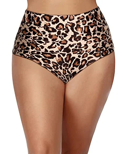 Flattering Plus Size Bikini Bottoms Retro Swim Shorts-Leopard Elegant Ruffle Swimsuit