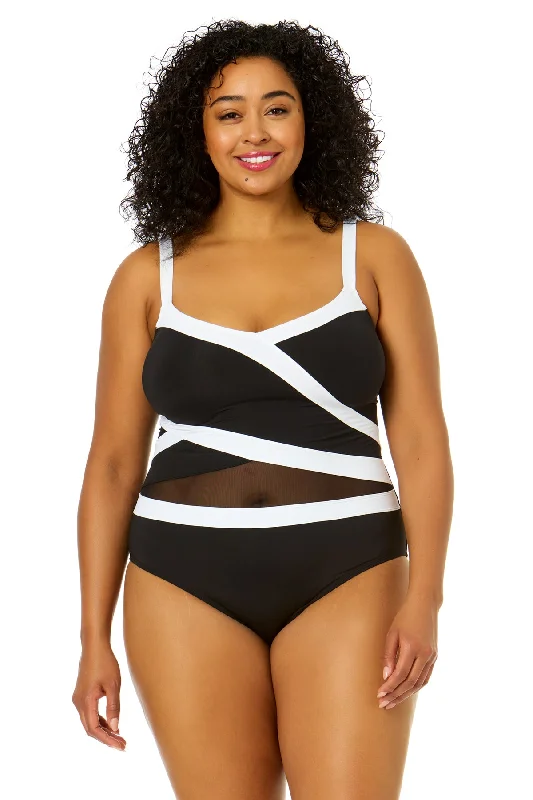 Women's Plus Size Mesh Around Mesh Insert One Piece Swimsuit Adjustable Swim Top