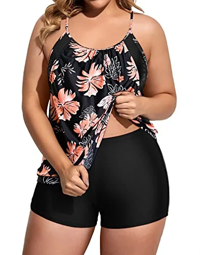 Plus Size Double Layer Tankini Set Swimsuits For Women-Black And Orange Floral Push-Up Bikini Top