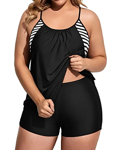 Women Plus Size Two Piece Tankini Set Swimsuits Tummy Control Bathing Suits-Black Stripe Trendy Swimwear Set