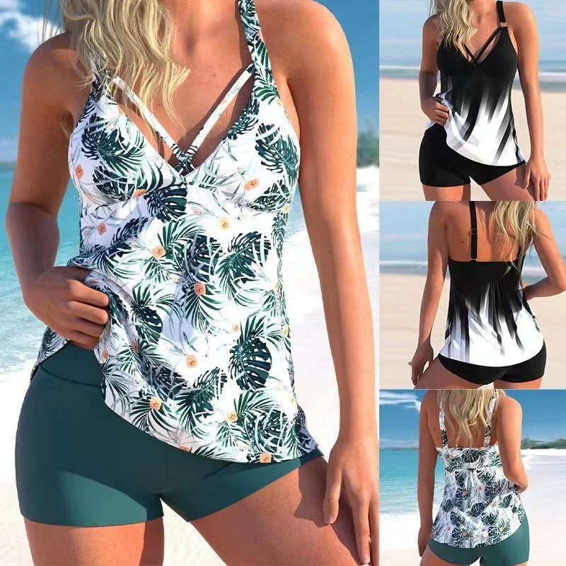 Women's Seperated Swimwear Printed Conservative Boxer Backless Swimsuit Bikini Elegant Swim Dress