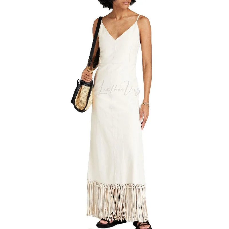 Women's Valentine's Day Fringed White Leather Maxi Dress Comfortable Plunging Neckline Maxi Dress