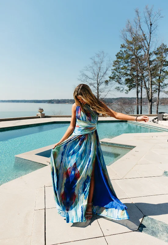 Work Of Art Maxi Dress - Blue Multi Chic Off-Shoulder Maxi Dress