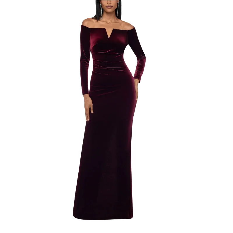 XSCAPE - Velvet Off-the-Shoulder Maxi Dress Trendy Printed Maxi Dress