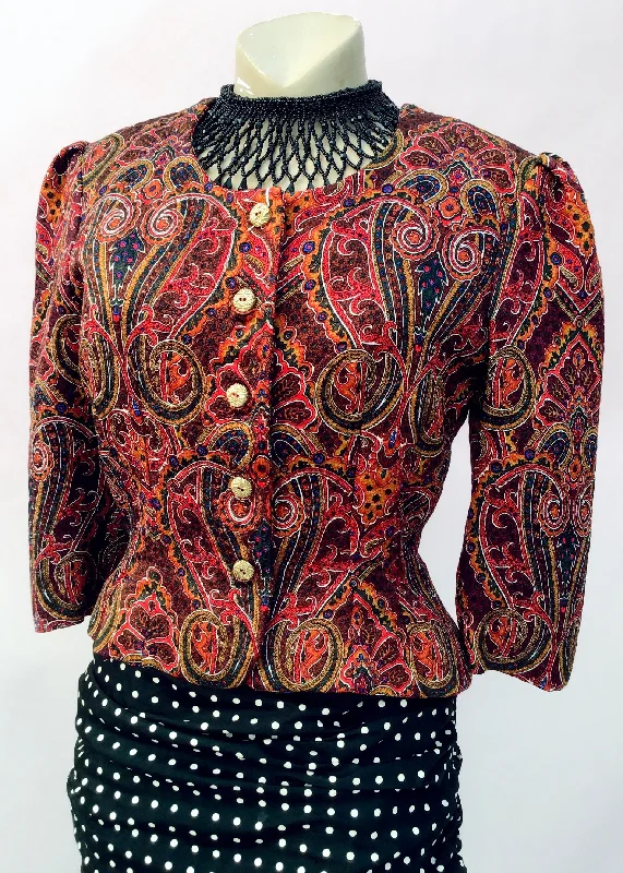 1980s Vintage Silk Paisley Cropped Jacket • Size 40B • Louisa Couture Print Jacket Jacquard Jacket Embroidered Jacket